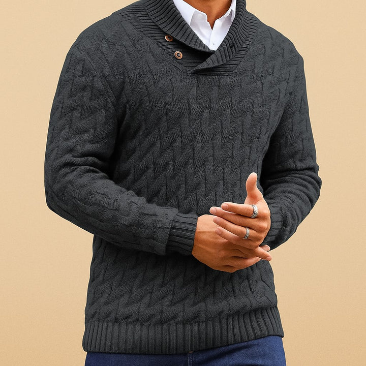 Men’s Black Shawl Collar Sweater – Textured Knit Pullover - Heston Manor