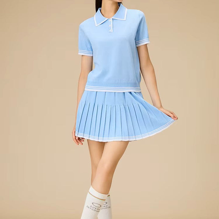 Women’s Navy Knit Two-Piece Tennis Set Polo Collar Pleated Skirt