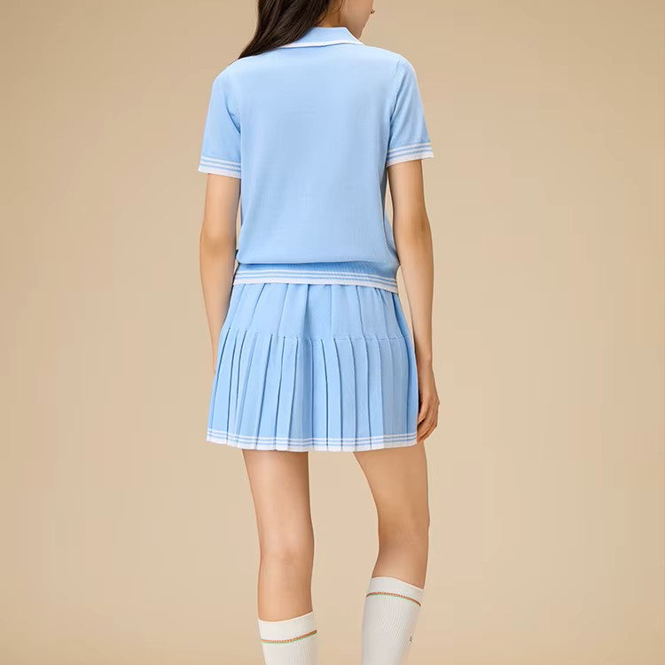 Women’s Navy Knit Two-Piece Tennis Set Polo Collar Pleated Skirt