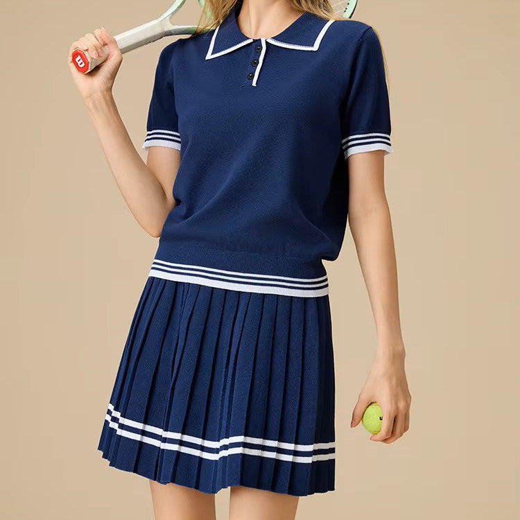 Women’s Navy Knit Two-Piece Tennis Set Polo Collar Pleated Skirt