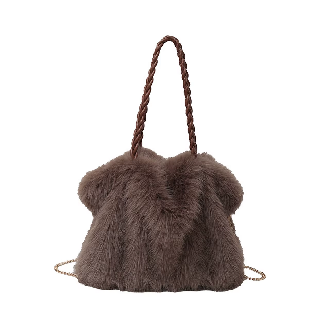 Women’s Faux Fur Shoulder Bag with Braided Handle