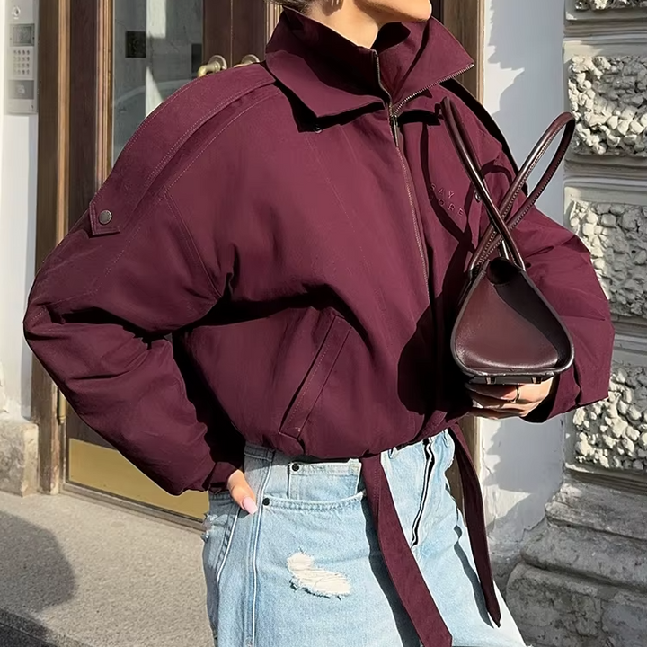 Women’s Burgundy Zipper Bomber Jacket