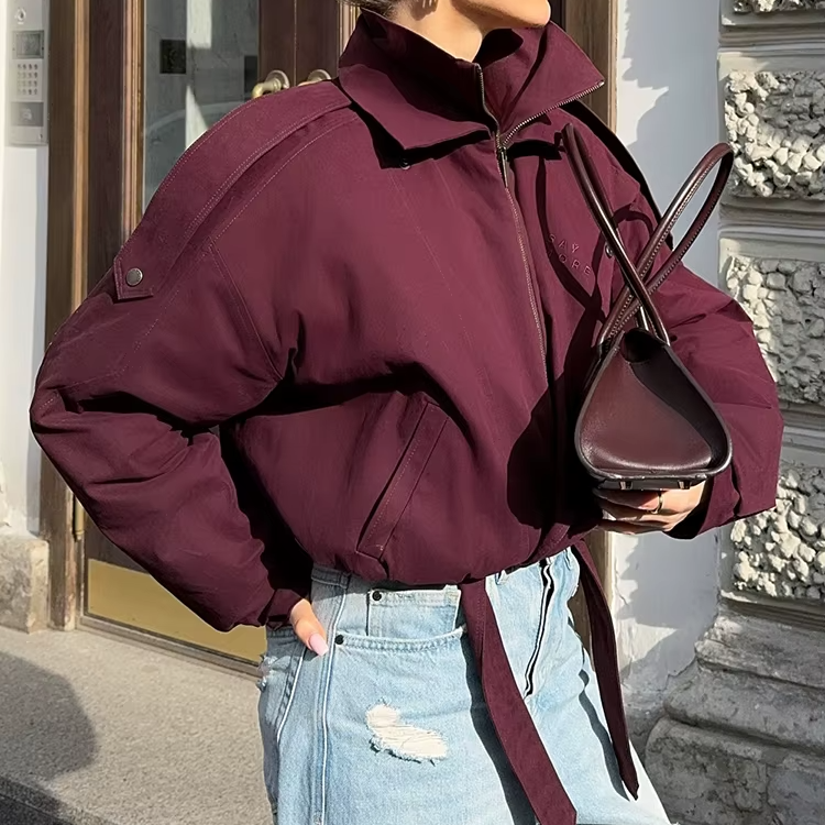 Women’s Burgundy Zipper Bomber Jacket