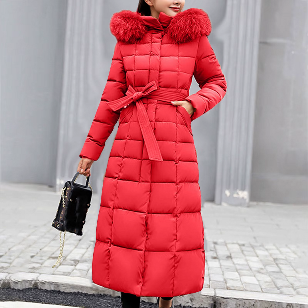 Women’s Belted Puffer Coat with Faux Fur Collar - Heston Manor