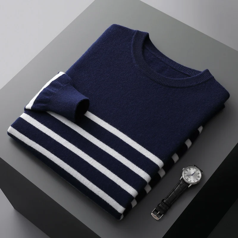 Men’s Navy & White Striped Wool Sweater