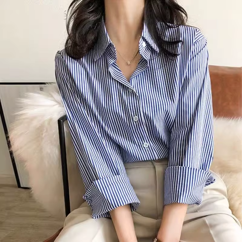 Women’s Blue Striped Button-Up Shirt - Heston Manor